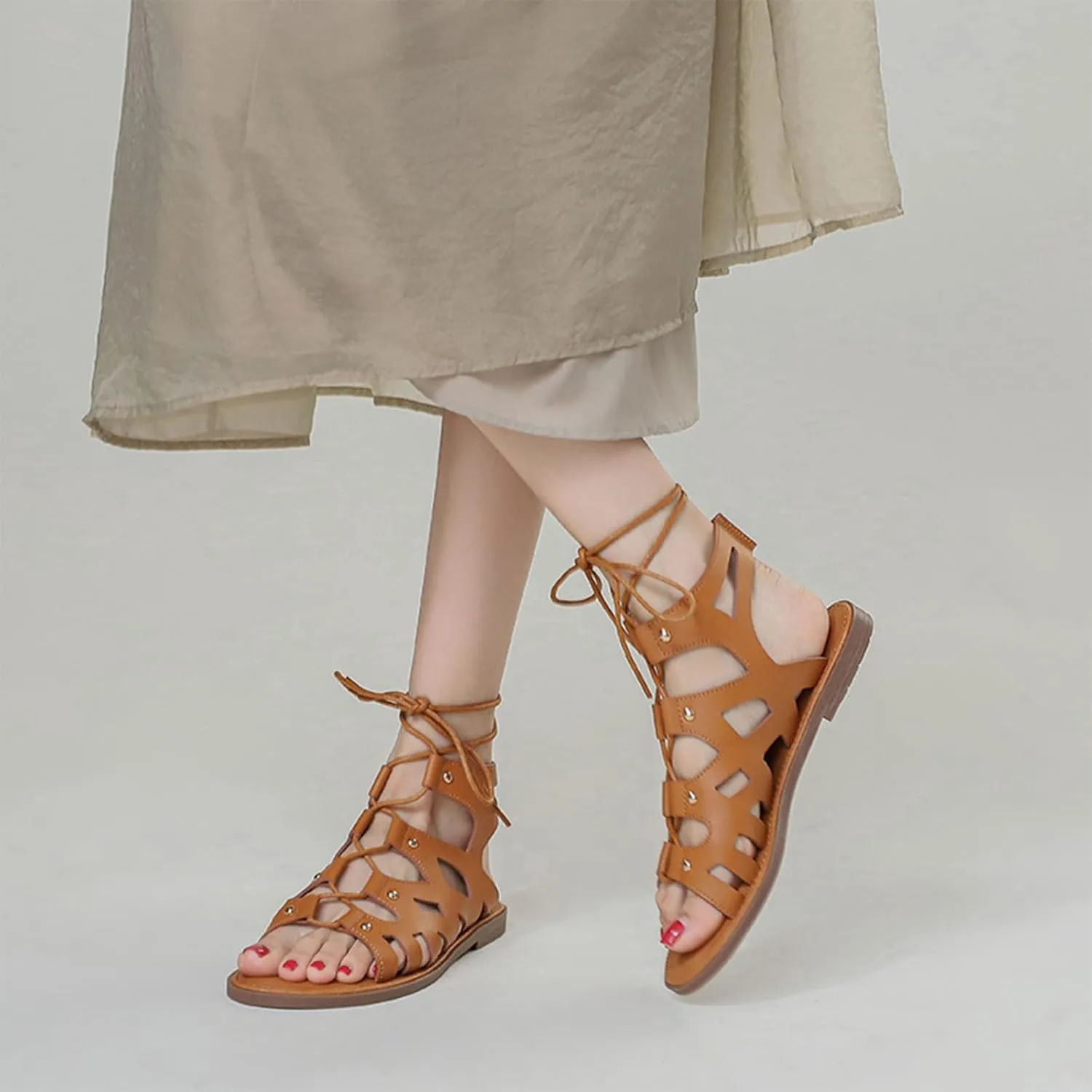 Women's Retro Cutout Open Toe Flat Roman Sandals Ankle-Wrap Lace-Up Gladiator Sandals Summer Outdoor Beach Sandals