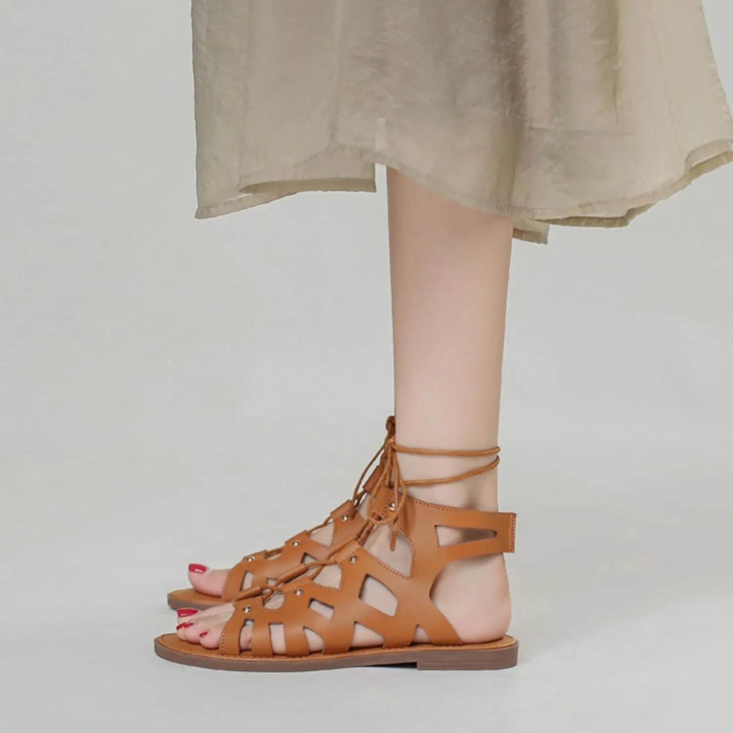 Women's Retro Cutout Open Toe Flat Roman Sandals Ankle-Wrap Lace-Up Gladiator Sandals Summer Outdoor Beach Sandals