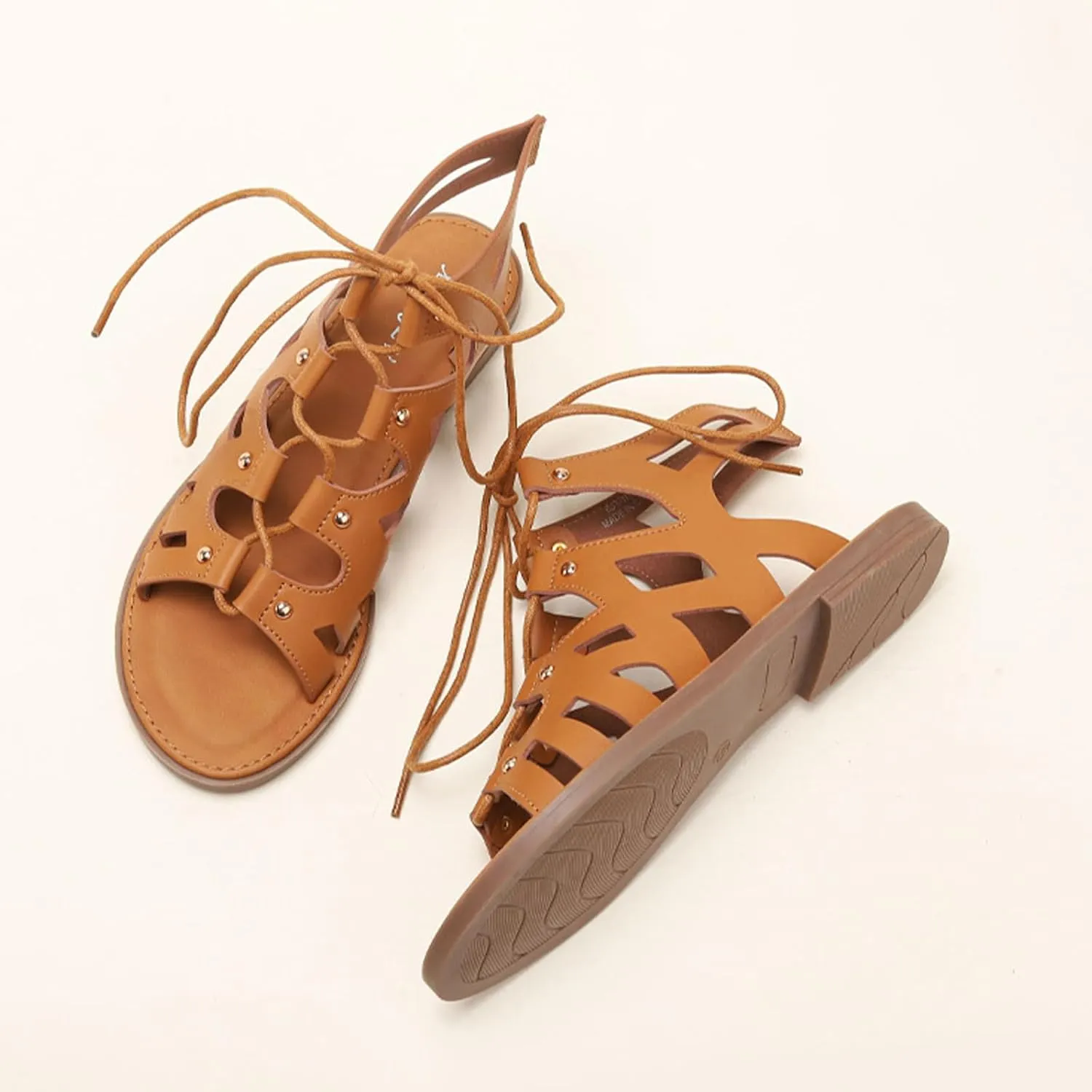 Women's Retro Cutout Open Toe Flat Roman Sandals Ankle-Wrap Lace-Up Gladiator Sandals Summer Outdoor Beach Sandals