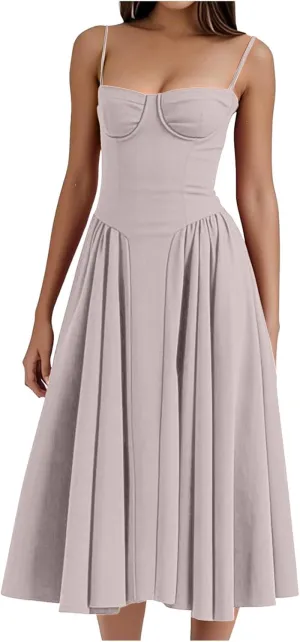 Womens Sexy Spaghetti Strap Dresses Vintage French Bustier Corset Dress Maxi Long Pleated Evening Party Ball Gown