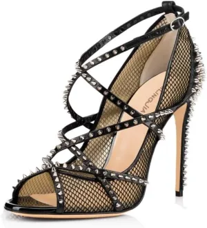Women's Sexy Strappy Spikes Studded Stiletto High Heels Peep Open Toe Fishnet Hollow Mesh Rivets Heels Nightclub Y2K Punk