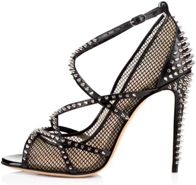 Women's Sexy Strappy Spikes Studded Stiletto High Heels Peep Open Toe Fishnet Hollow Mesh Rivets Heels Nightclub Y2K Punk