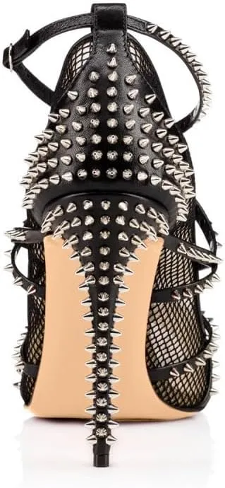 Women's Sexy Strappy Spikes Studded Stiletto High Heels Peep Open Toe Fishnet Hollow Mesh Rivets Heels Nightclub Y2K Punk