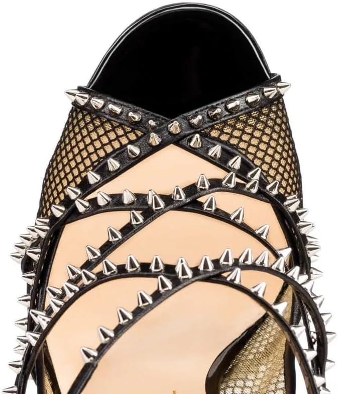 Women's Sexy Strappy Spikes Studded Stiletto High Heels Peep Open Toe Fishnet Hollow Mesh Rivets Heels Nightclub Y2K Punk