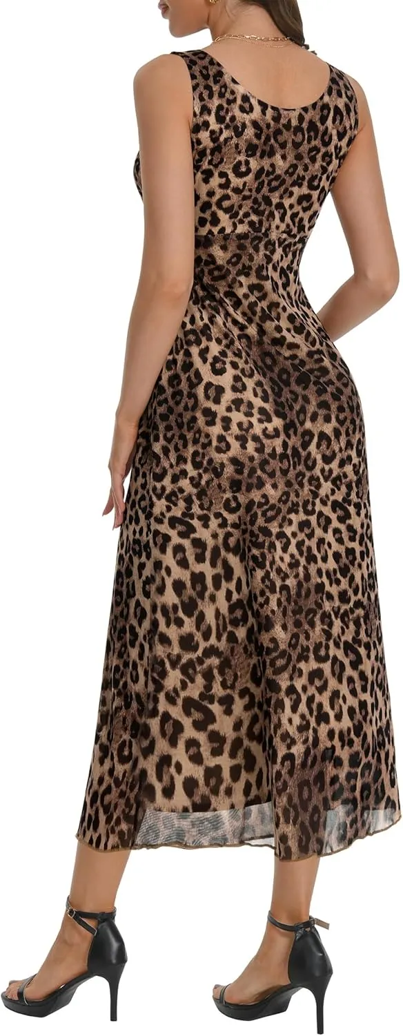 Women's Sexy V Neck Sleeveless Mesh Maxi Dresses Summer Casual Elegant Long Floral Dress Wedding Guest Cocktail Party