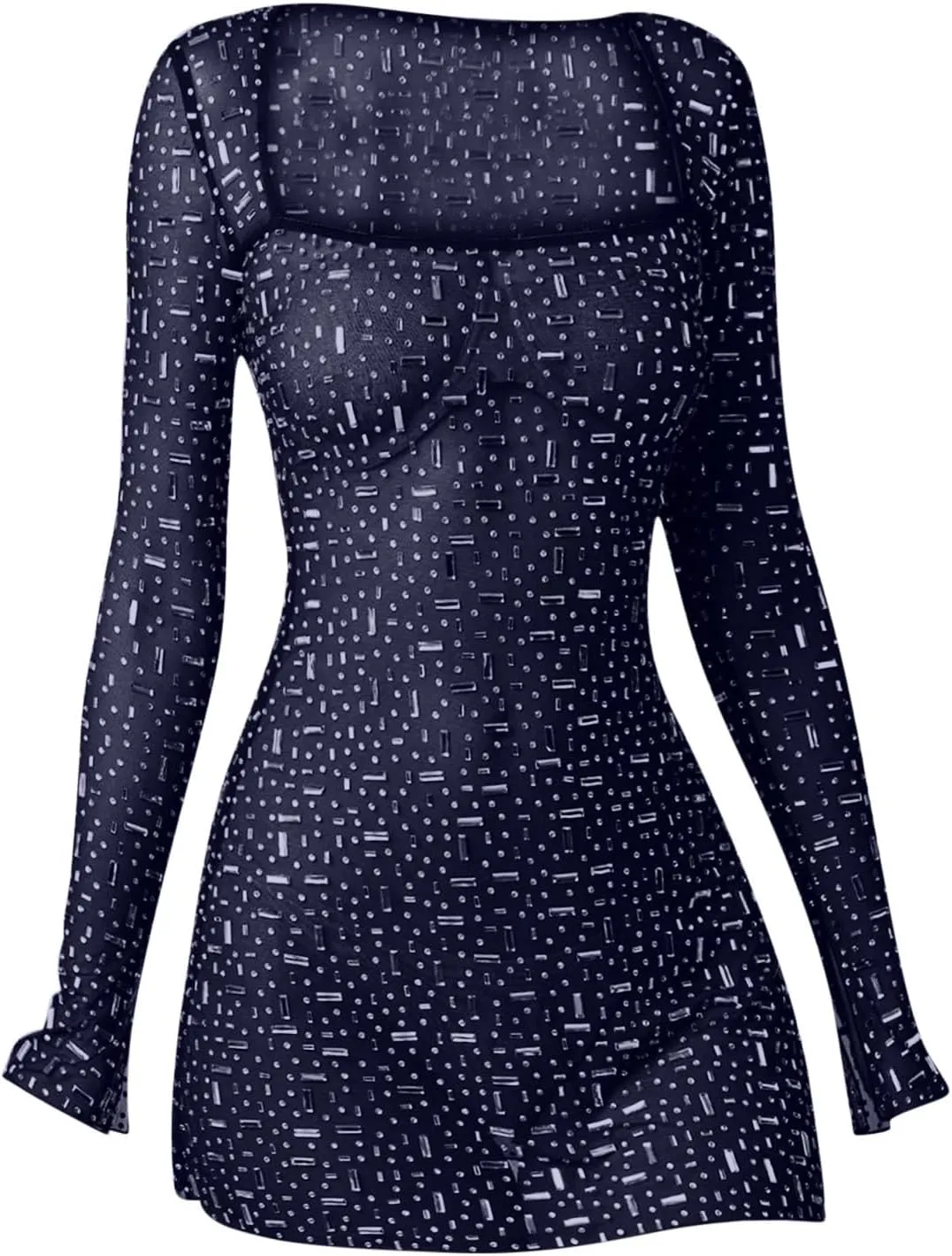 Womens Sheer Mesh Dress Sparkly Sequin Long Sleeve Square Neck Sexy Bodycon Slim Fit Dresses Party Night Club Outfits