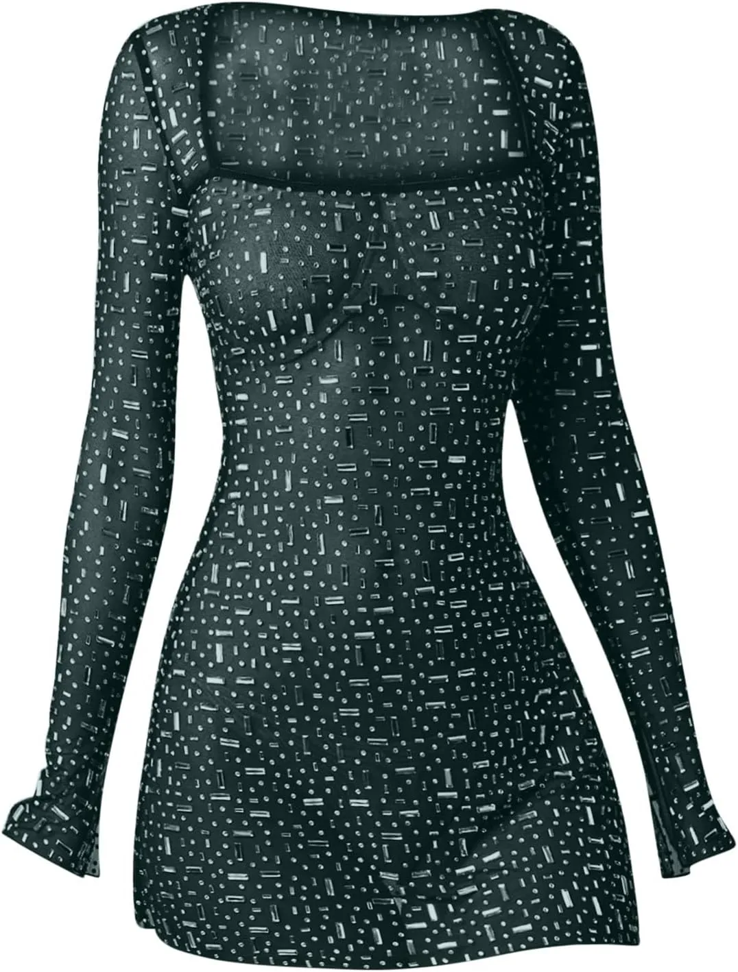 Womens Sheer Mesh Dress Sparkly Sequin Long Sleeve Square Neck Sexy Bodycon Slim Fit Dresses Party Night Club Outfits