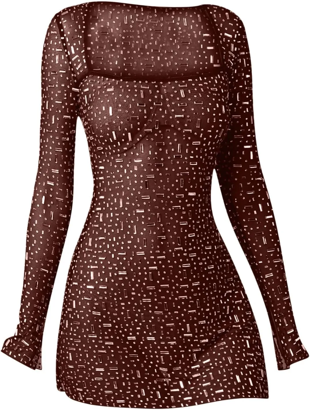Womens Sheer Mesh Dress Sparkly Sequin Long Sleeve Square Neck Sexy Bodycon Slim Fit Dresses Party Night Club Outfits