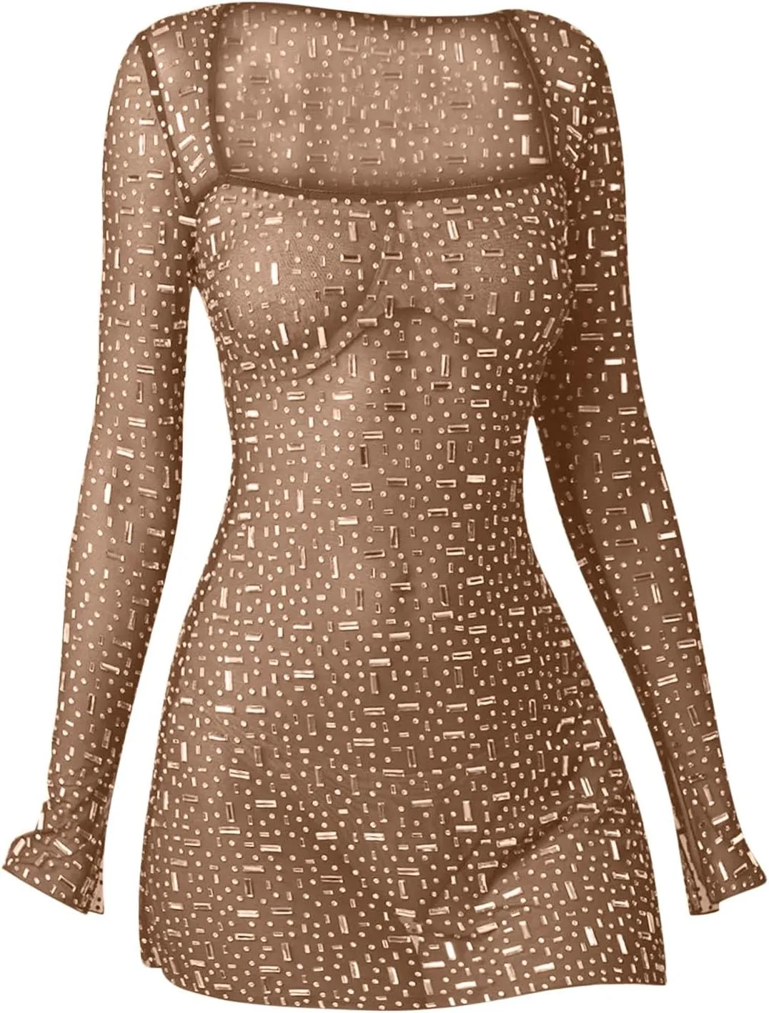 Womens Sheer Mesh Dress Sparkly Sequin Long Sleeve Square Neck Sexy Bodycon Slim Fit Dresses Party Night Club Outfits
