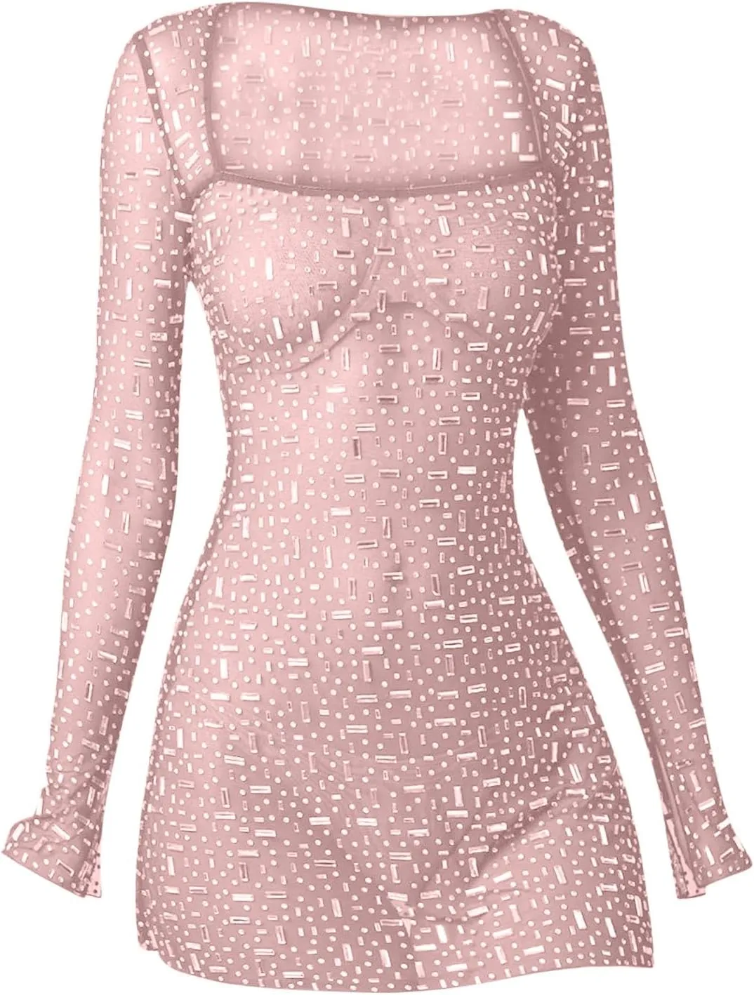 Womens Sheer Mesh Dress Sparkly Sequin Long Sleeve Square Neck Sexy Bodycon Slim Fit Dresses Party Night Club Outfits