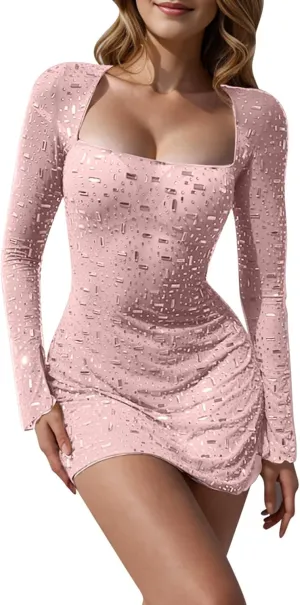 Womens Sheer Mesh Dress Sparkly Sequin Long Sleeve Square Neck Sexy Bodycon Slim Fit Dresses Party Night Club Outfits