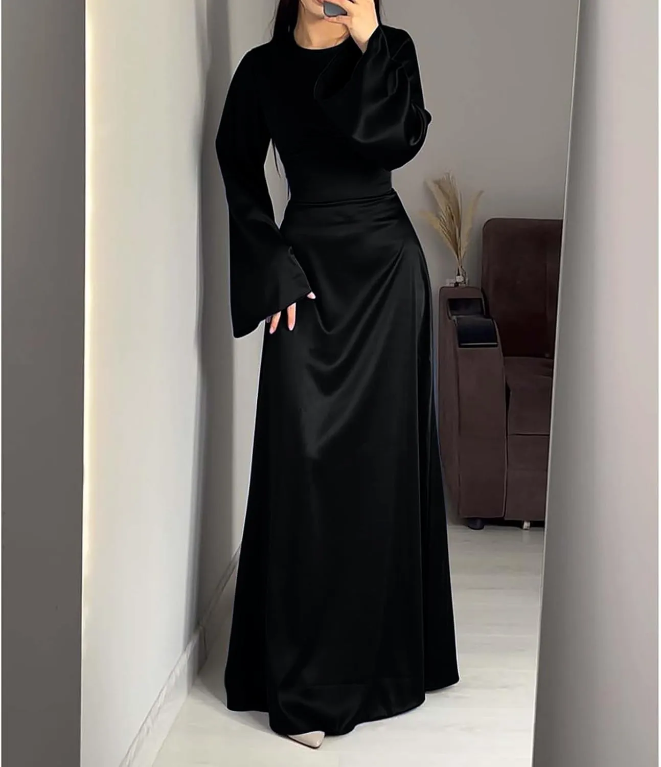 Womens Silk Satin Long Dress Long Sleeve Crewneck Lace Up Tie Back Wedding Guest Party Maxi Dresses Vintage Ball Gown
