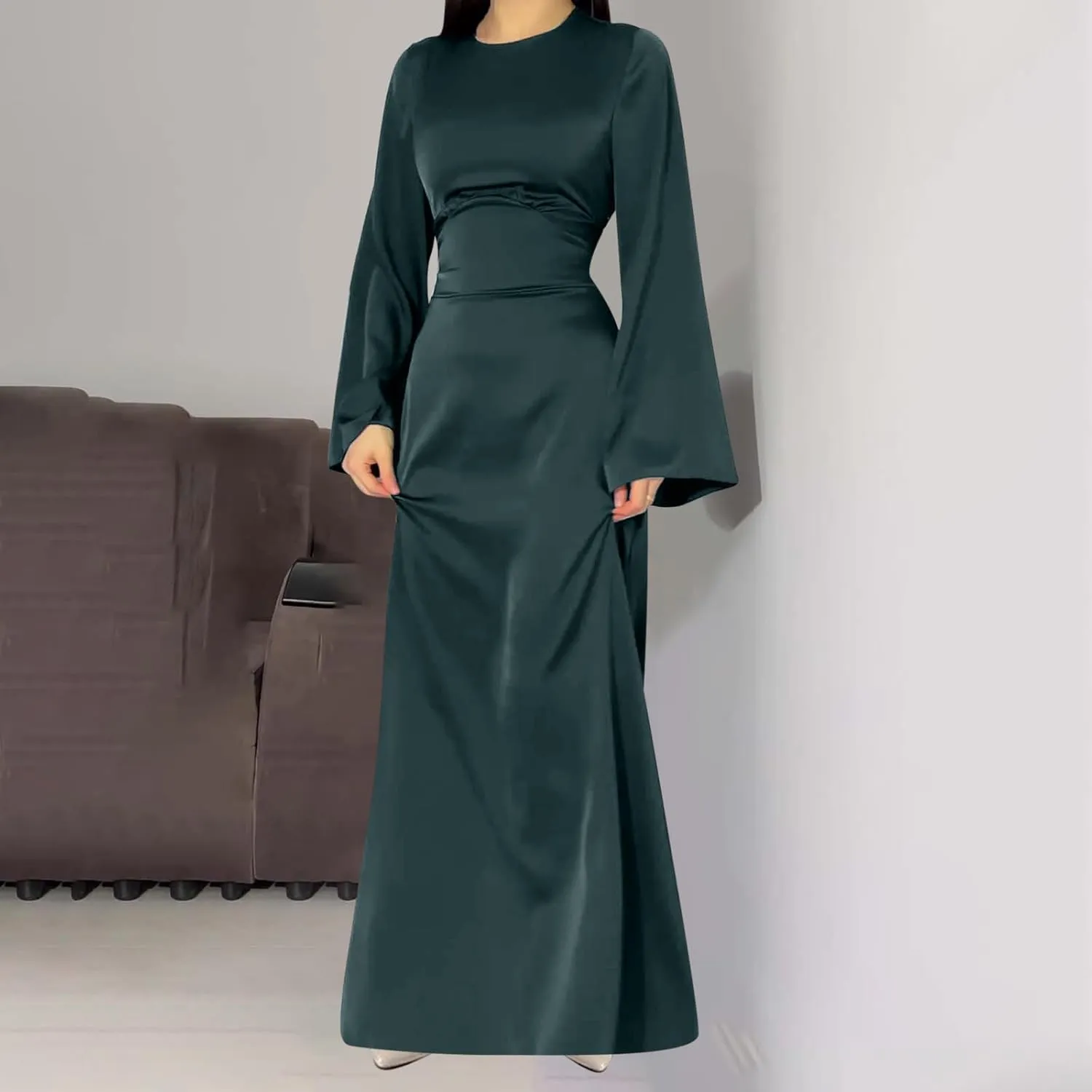 Womens Silk Satin Long Dress Long Sleeve Crewneck Lace Up Tie Back Wedding Guest Party Maxi Dresses Vintage Ball Gown