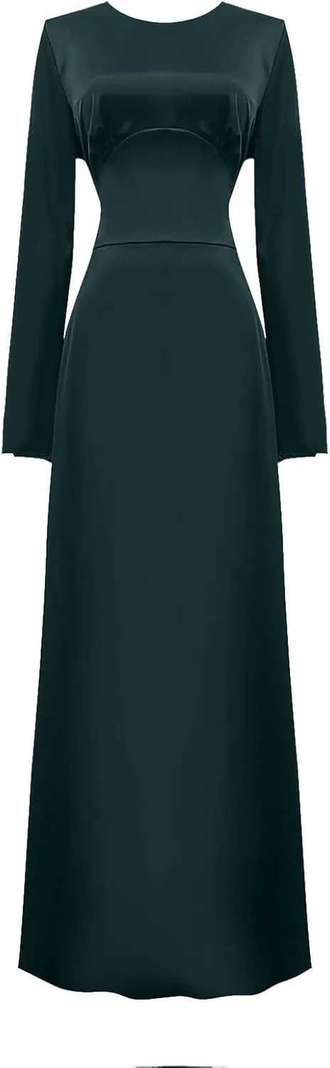 Womens Silk Satin Long Dress Long Sleeve Crewneck Lace Up Tie Back Wedding Guest Party Maxi Dresses Vintage Ball Gown
