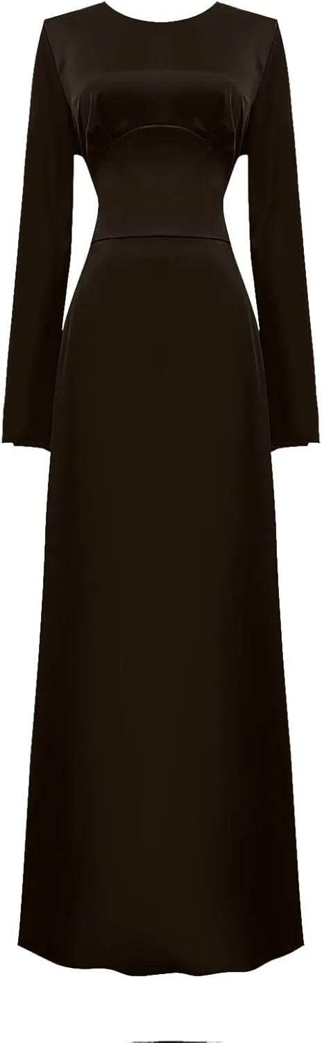 Womens Silk Satin Long Dress Long Sleeve Crewneck Lace Up Tie Back Wedding Guest Party Maxi Dresses Vintage Ball Gown