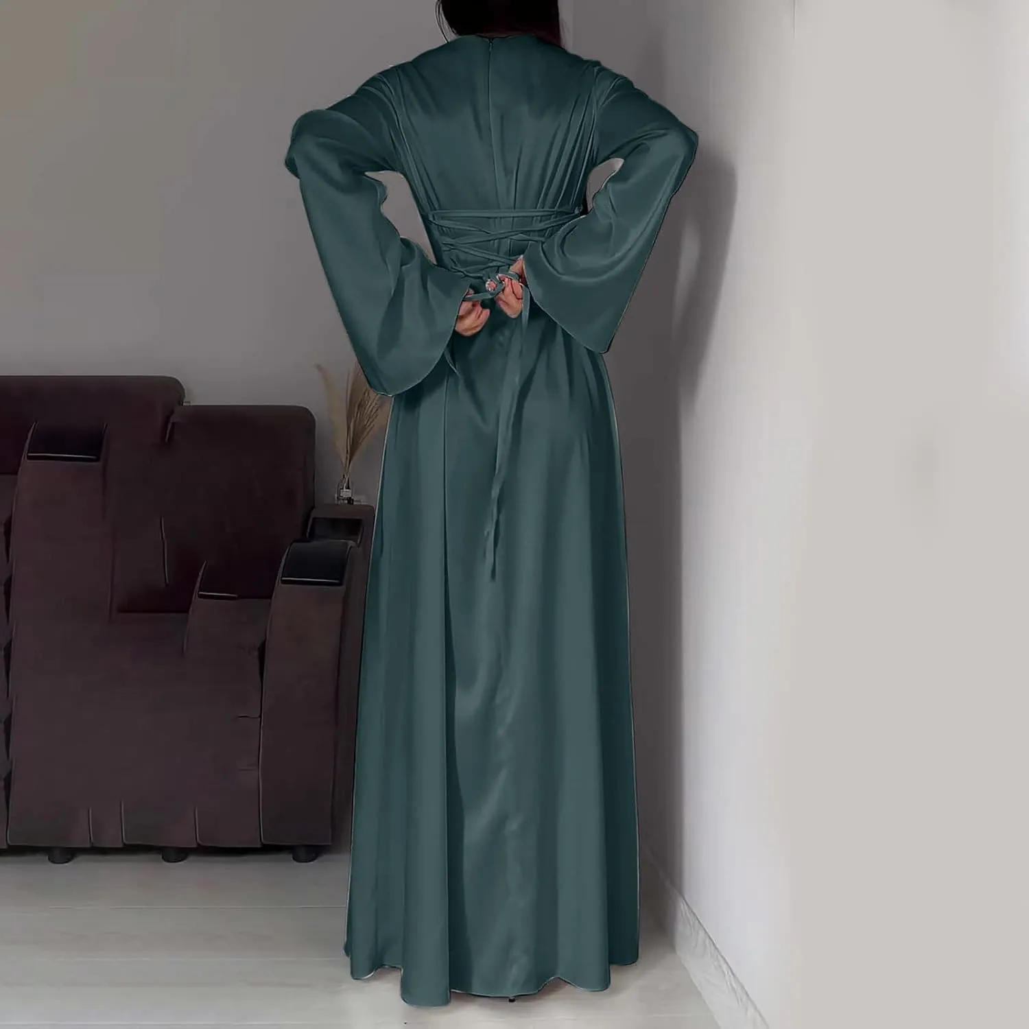 Womens Silk Satin Long Dress Long Sleeve Crewneck Lace Up Tie Back Wedding Guest Party Maxi Dresses Vintage Ball Gown