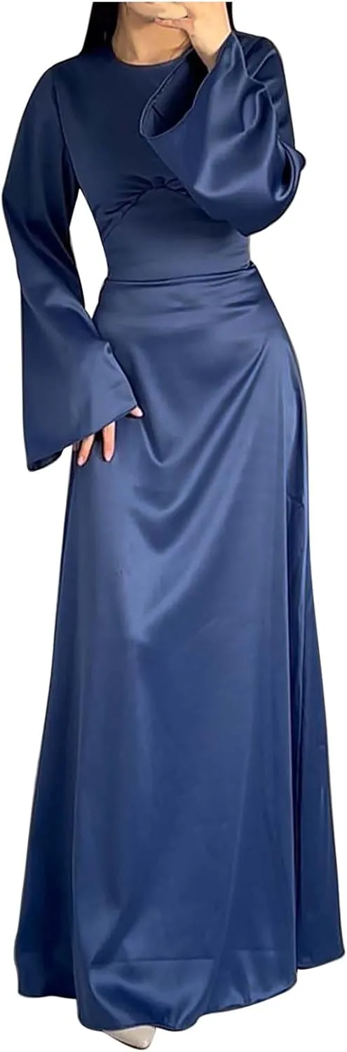 Womens Silk Satin Long Dress Long Sleeve Crewneck Lace Up Tie Back Wedding Guest Party Maxi Dresses Vintage Ball Gown