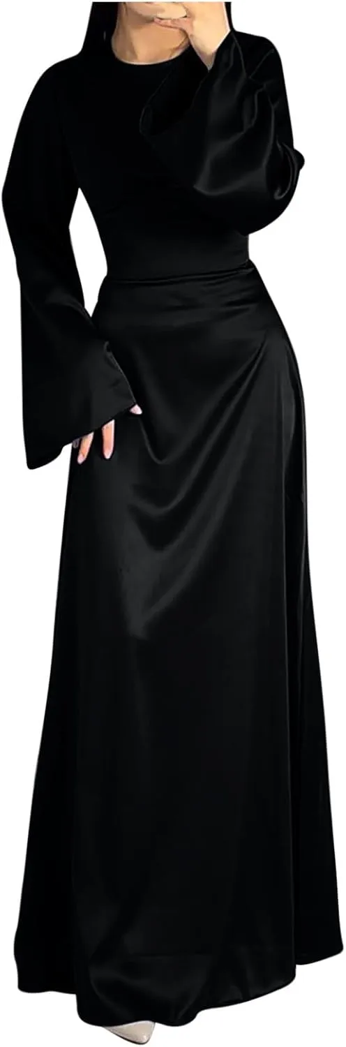 Womens Silk Satin Long Dress Long Sleeve Crewneck Lace Up Tie Back Wedding Guest Party Maxi Dresses Vintage Ball Gown
