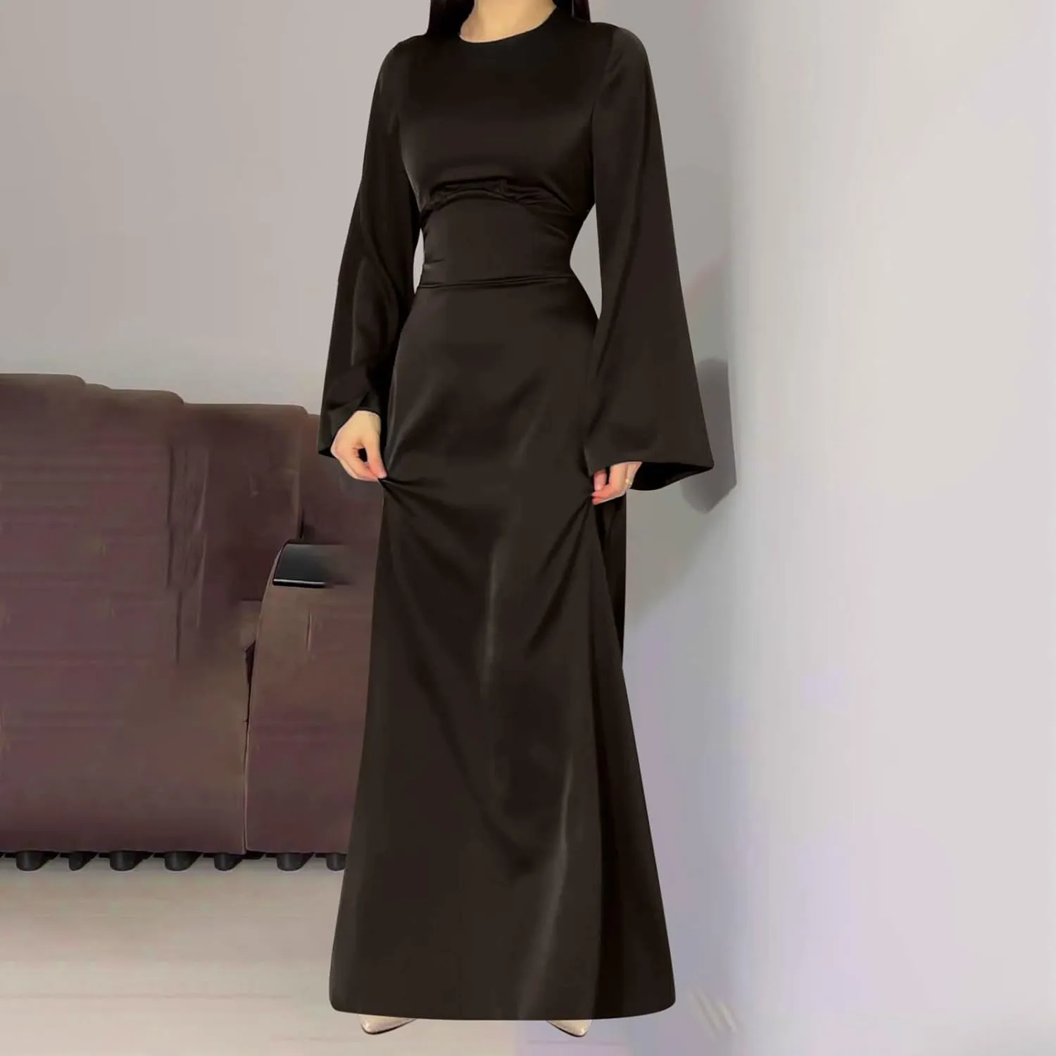 Womens Silk Satin Long Dress Long Sleeve Crewneck Lace Up Tie Back Wedding Guest Party Maxi Dresses Vintage Ball Gown