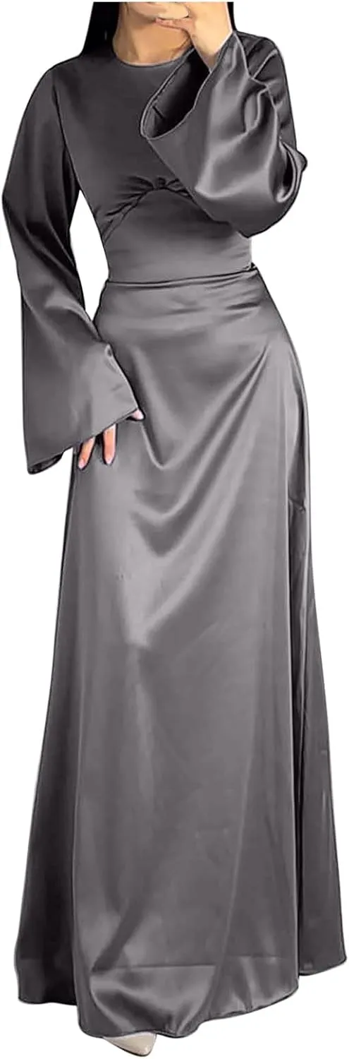 Womens Silk Satin Long Dress Long Sleeve Crewneck Lace Up Tie Back Wedding Guest Party Maxi Dresses Vintage Ball Gown