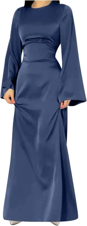 Womens Silk Satin Long Dress Long Sleeve Crewneck Lace Up Tie Back Wedding Guest Party Maxi Dresses Vintage Ball Gown