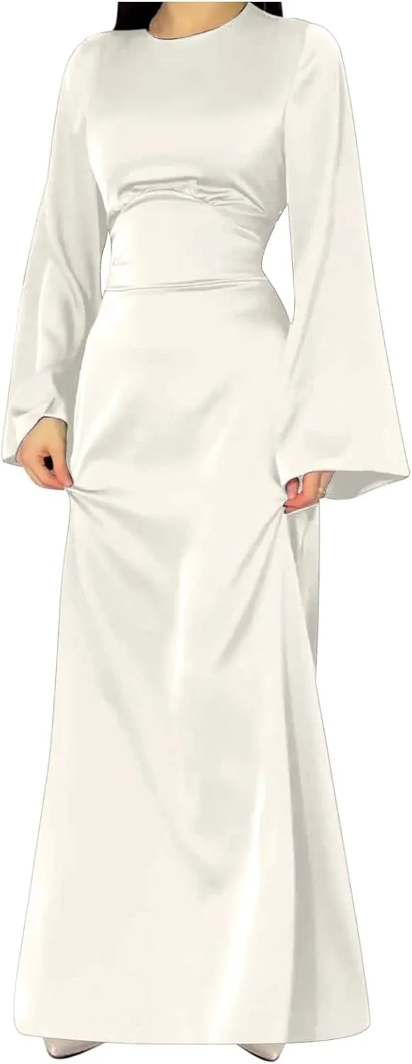Womens Silk Satin Long Dress Long Sleeve Crewneck Lace Up Tie Back Wedding Guest Party Maxi Dresses Vintage Ball Gown