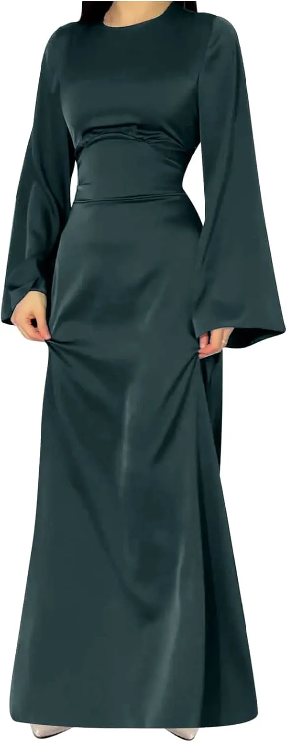 Womens Silk Satin Long Dress Long Sleeve Crewneck Lace Up Tie Back Wedding Guest Party Maxi Dresses Vintage Ball Gown