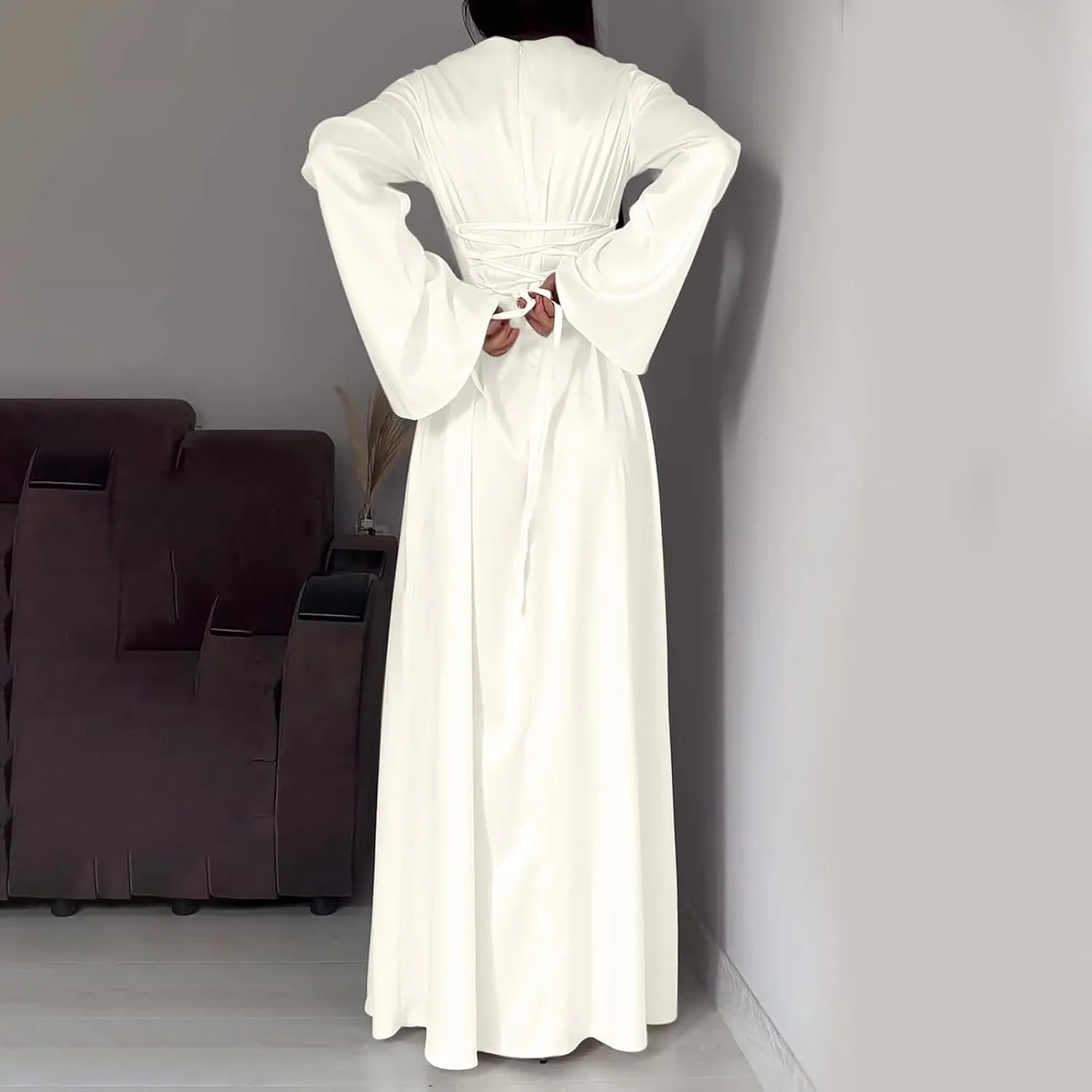 Womens Silk Satin Long Dress Long Sleeve Crewneck Lace Up Tie Back Wedding Guest Party Maxi Dresses Vintage Ball Gown