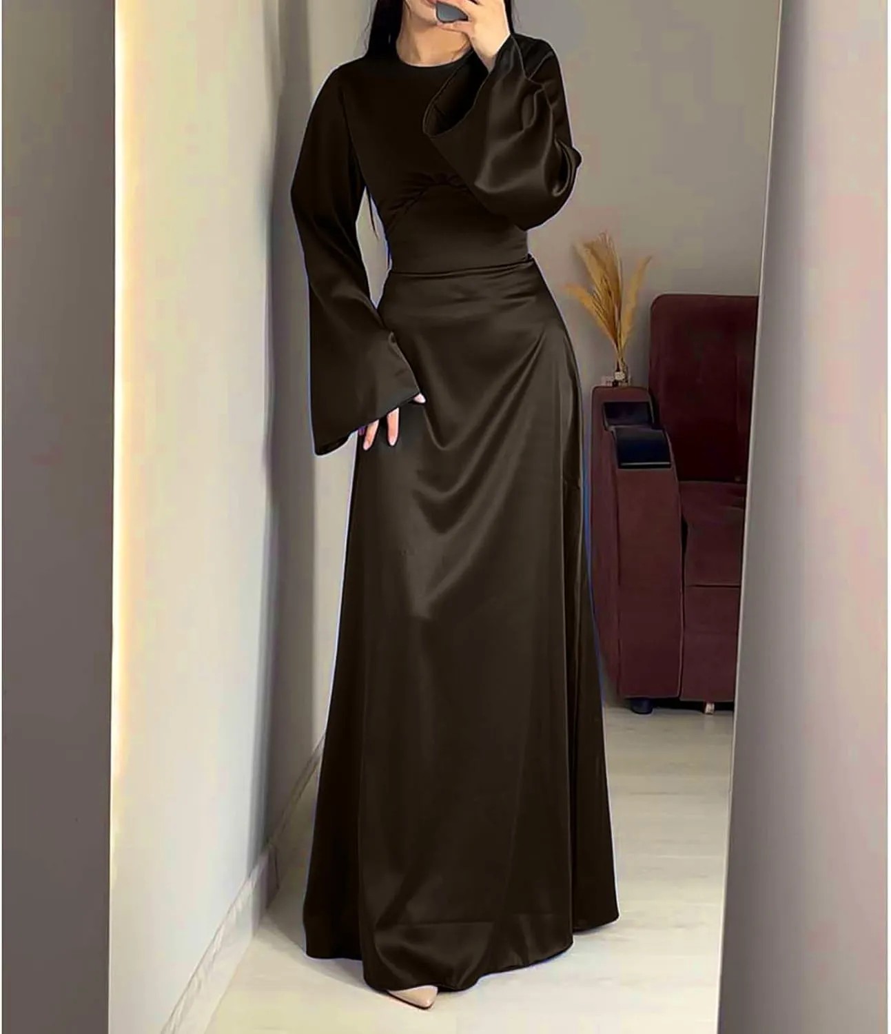 Womens Silk Satin Long Dress Long Sleeve Crewneck Lace Up Tie Back Wedding Guest Party Maxi Dresses Vintage Ball Gown