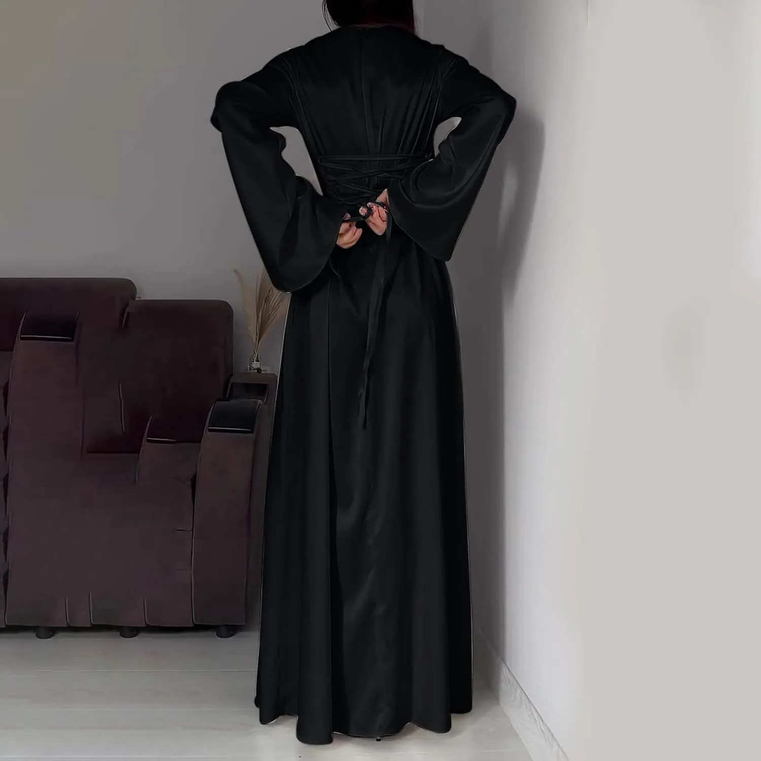 Womens Silk Satin Long Dress Long Sleeve Crewneck Lace Up Tie Back Wedding Guest Party Maxi Dresses Vintage Ball Gown