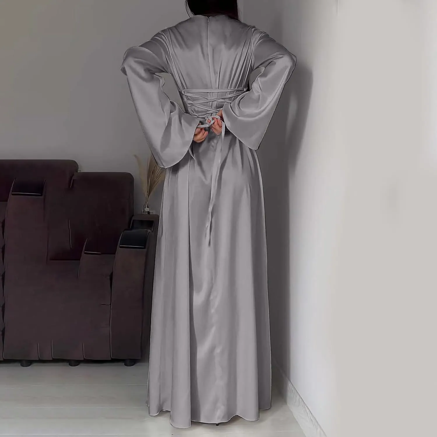 Womens Silk Satin Long Dress Long Sleeve Crewneck Lace Up Tie Back Wedding Guest Party Maxi Dresses Vintage Ball Gown