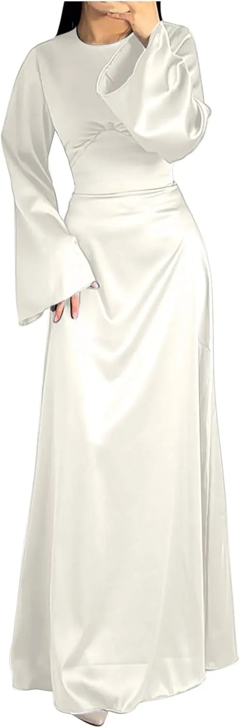 Womens Silk Satin Long Dress Long Sleeve Crewneck Lace Up Tie Back Wedding Guest Party Maxi Dresses Vintage Ball Gown