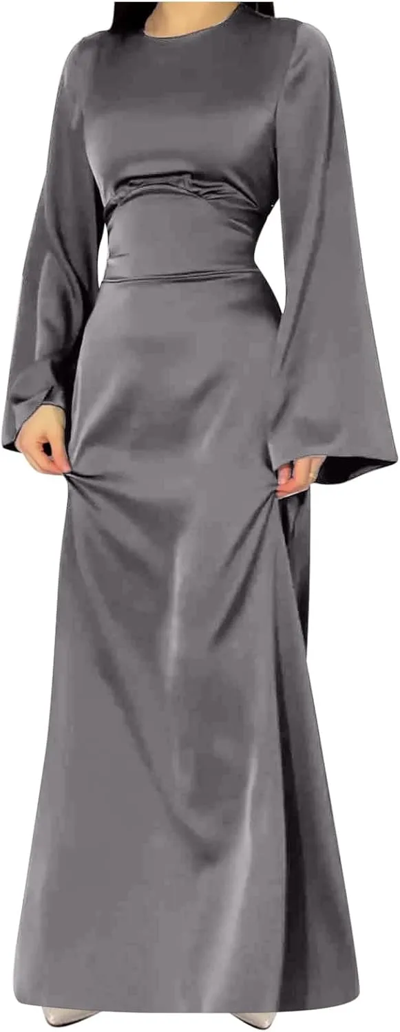 Womens Silk Satin Long Dress Long Sleeve Crewneck Lace Up Tie Back Wedding Guest Party Maxi Dresses Vintage Ball Gown