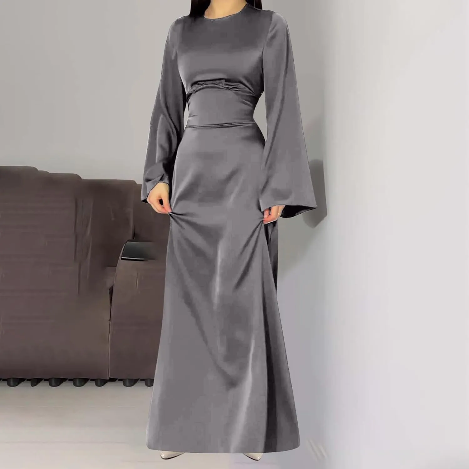 Womens Silk Satin Long Dress Long Sleeve Crewneck Lace Up Tie Back Wedding Guest Party Maxi Dresses Vintage Ball Gown