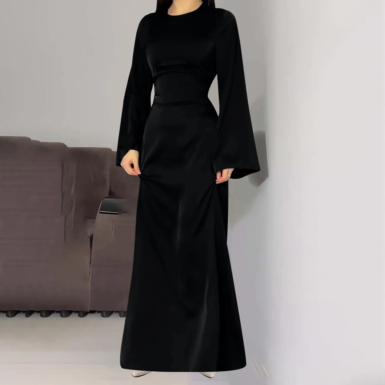 Womens Silk Satin Long Dress Long Sleeve Crewneck Lace Up Tie Back Wedding Guest Party Maxi Dresses Vintage Ball Gown