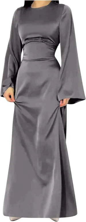 Womens Silk Satin Long Dress Long Sleeve Crewneck Lace Up Tie Back Wedding Guest Party Maxi Dresses Vintage Ball Gown
