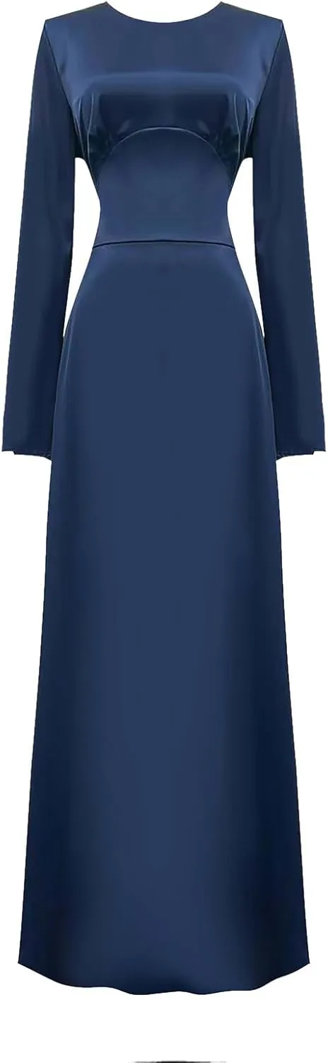 Womens Silk Satin Long Dress Long Sleeve Crewneck Lace Up Tie Back Wedding Guest Party Maxi Dresses Vintage Ball Gown