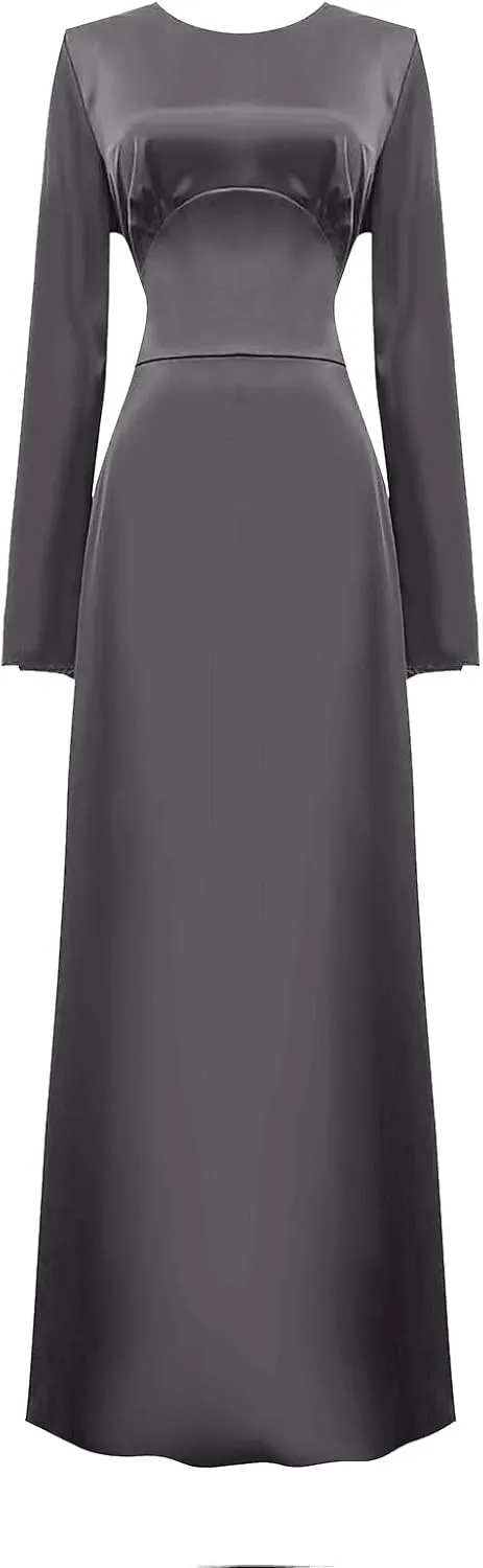 Womens Silk Satin Long Dress Long Sleeve Crewneck Lace Up Tie Back Wedding Guest Party Maxi Dresses Vintage Ball Gown