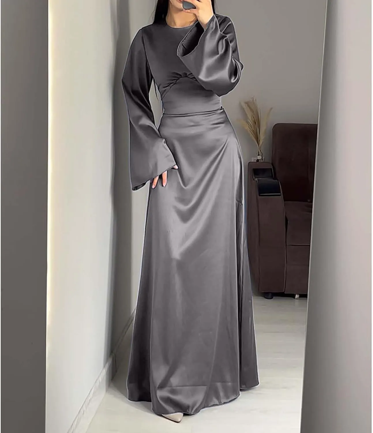 Womens Silk Satin Long Dress Long Sleeve Crewneck Lace Up Tie Back Wedding Guest Party Maxi Dresses Vintage Ball Gown