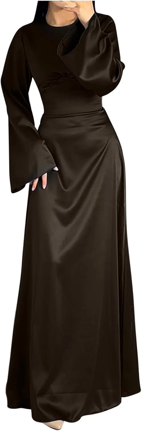 Womens Silk Satin Long Dress Long Sleeve Crewneck Lace Up Tie Back Wedding Guest Party Maxi Dresses Vintage Ball Gown
