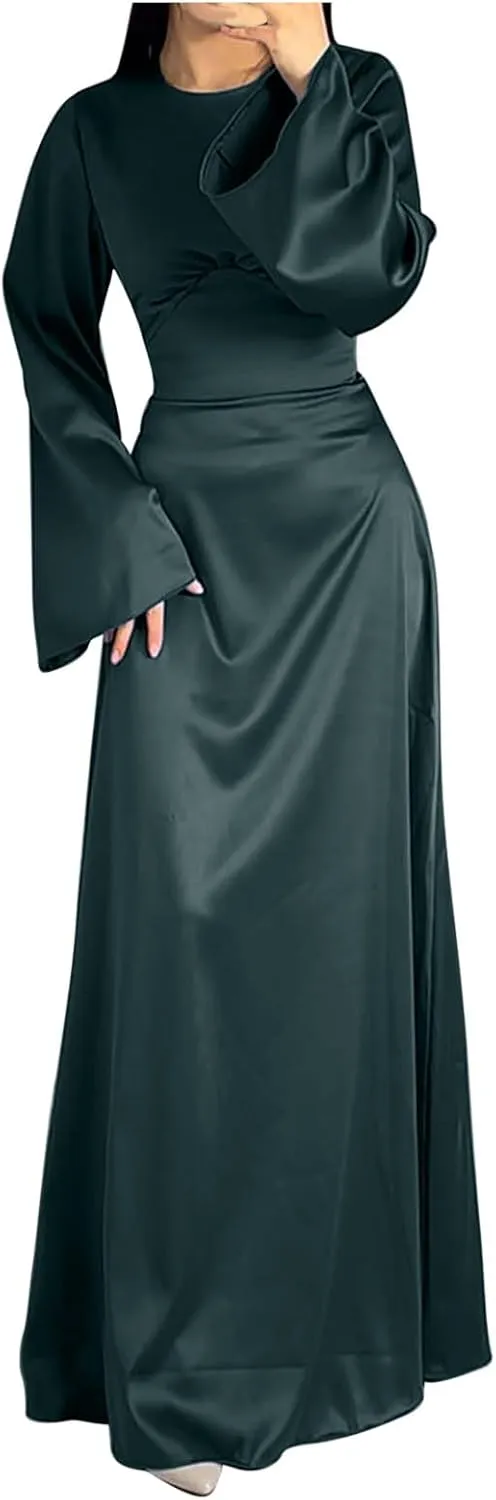 Womens Silk Satin Long Dress Long Sleeve Crewneck Lace Up Tie Back Wedding Guest Party Maxi Dresses Vintage Ball Gown