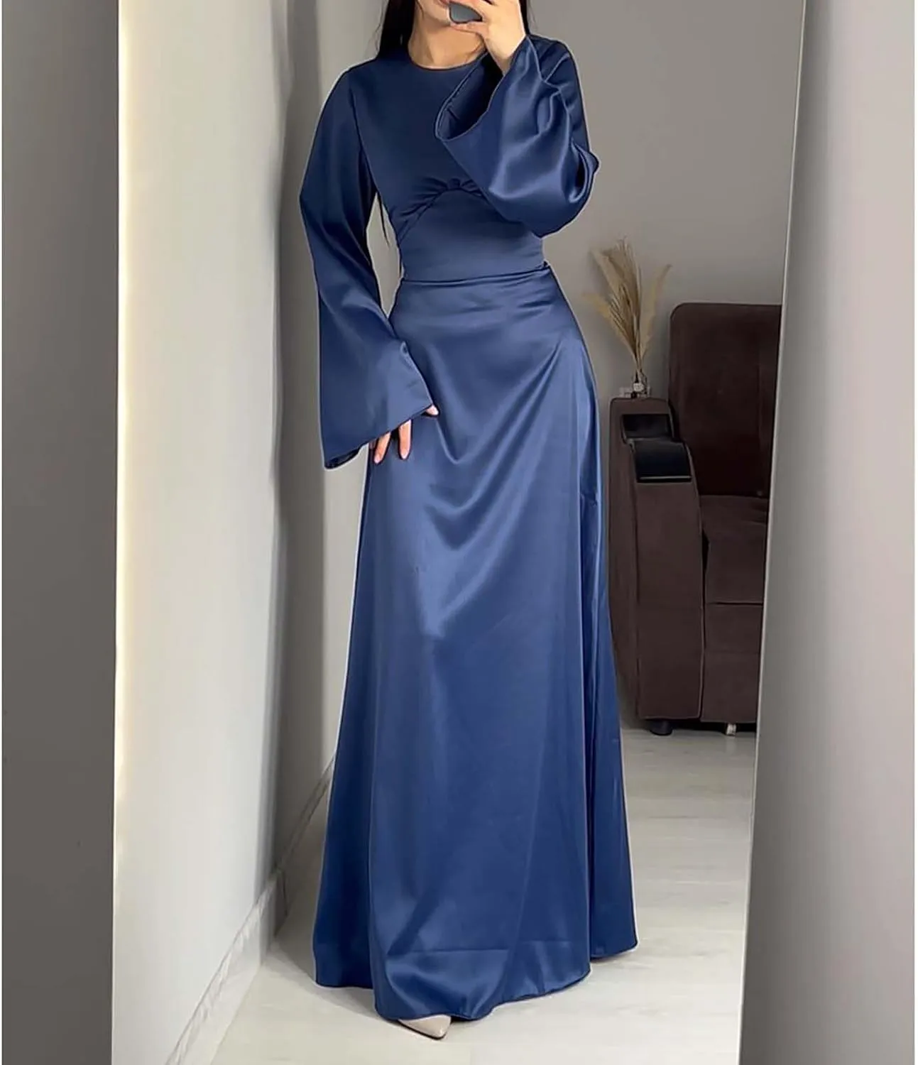 Womens Silk Satin Long Dress Long Sleeve Crewneck Lace Up Tie Back Wedding Guest Party Maxi Dresses Vintage Ball Gown