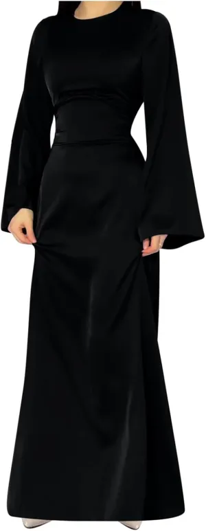 Womens Silk Satin Long Dress Long Sleeve Crewneck Lace Up Tie Back Wedding Guest Party Maxi Dresses Vintage Ball Gown