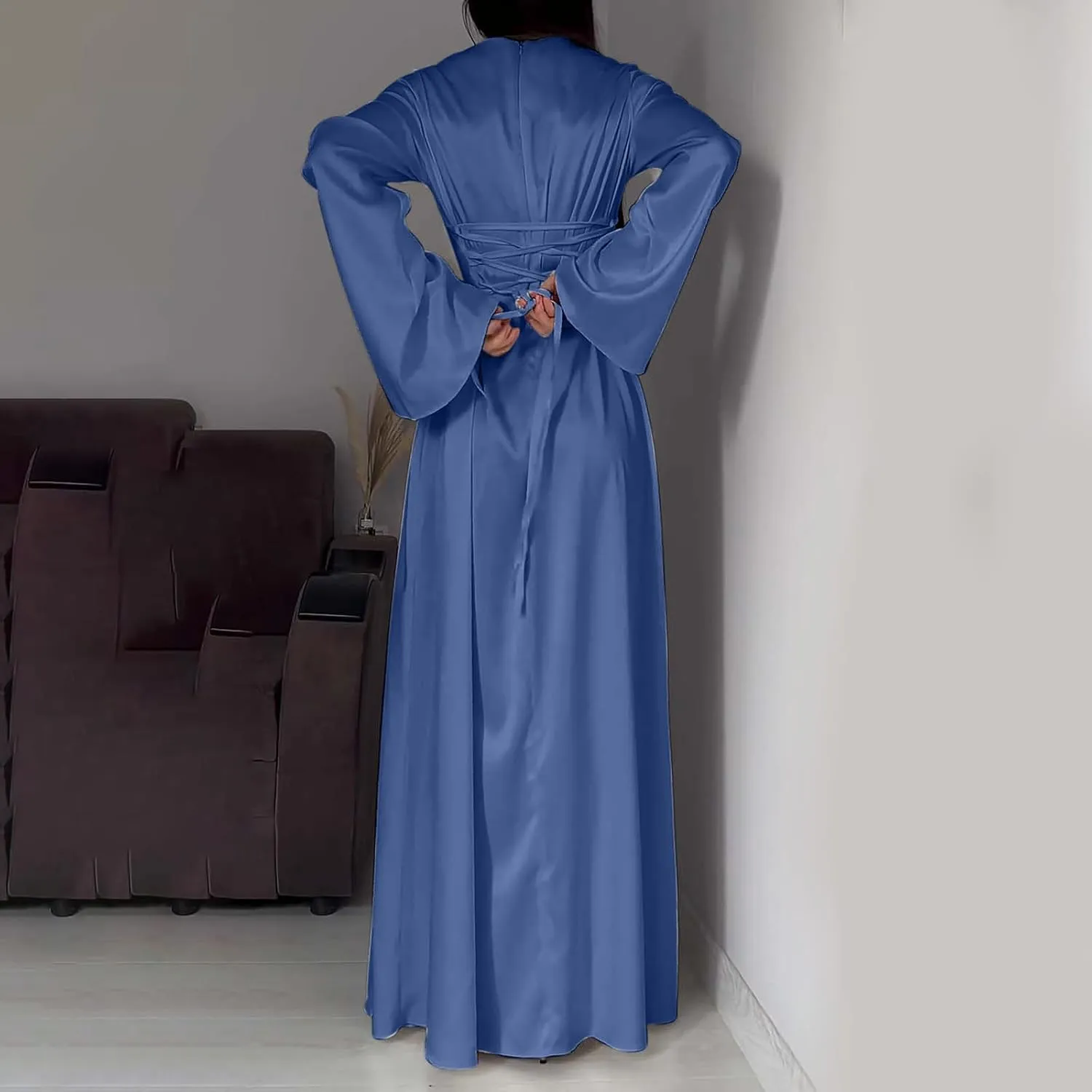 Womens Silk Satin Long Dress Long Sleeve Crewneck Lace Up Tie Back Wedding Guest Party Maxi Dresses Vintage Ball Gown
