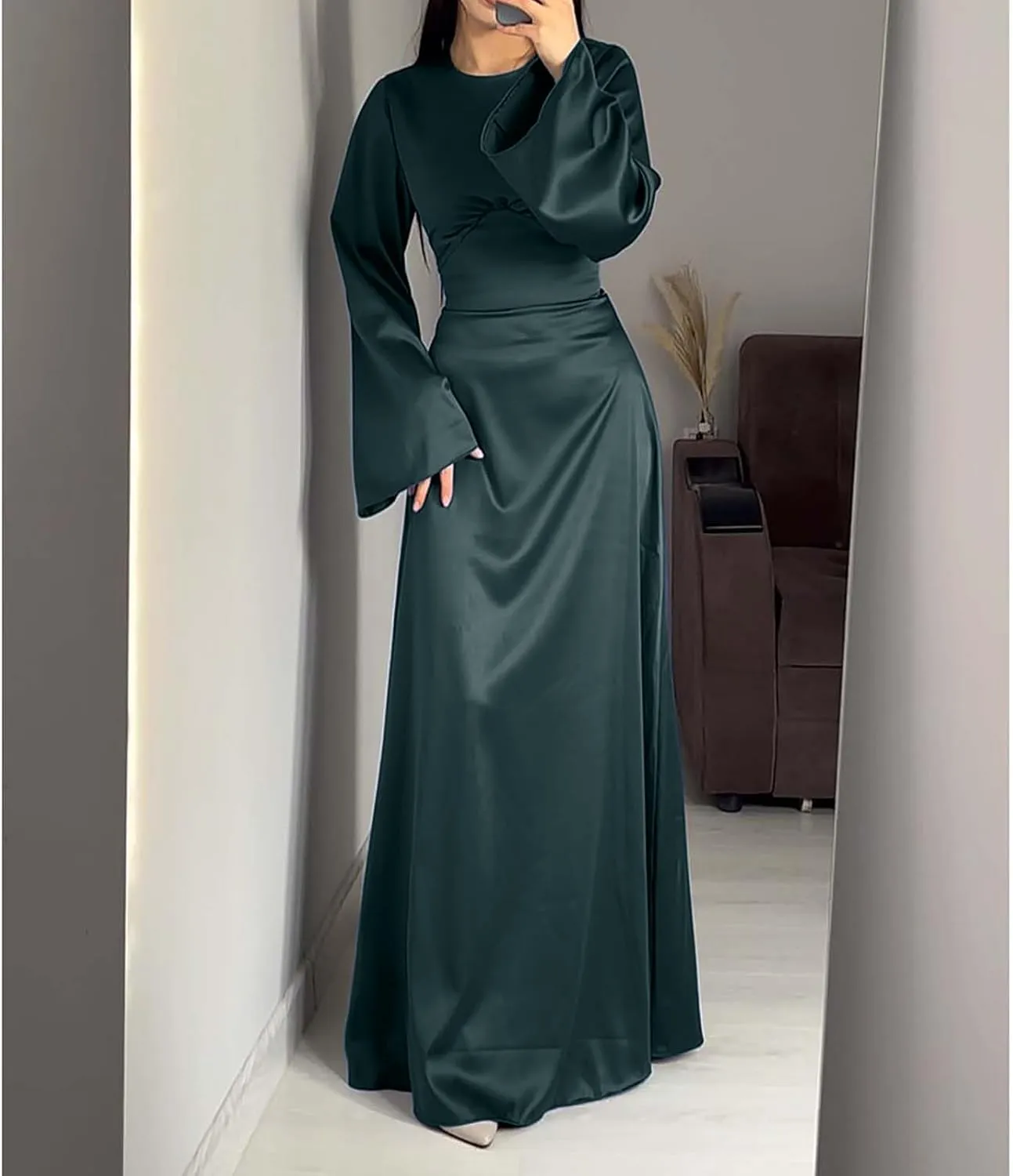 Womens Silk Satin Long Dress Long Sleeve Crewneck Lace Up Tie Back Wedding Guest Party Maxi Dresses Vintage Ball Gown