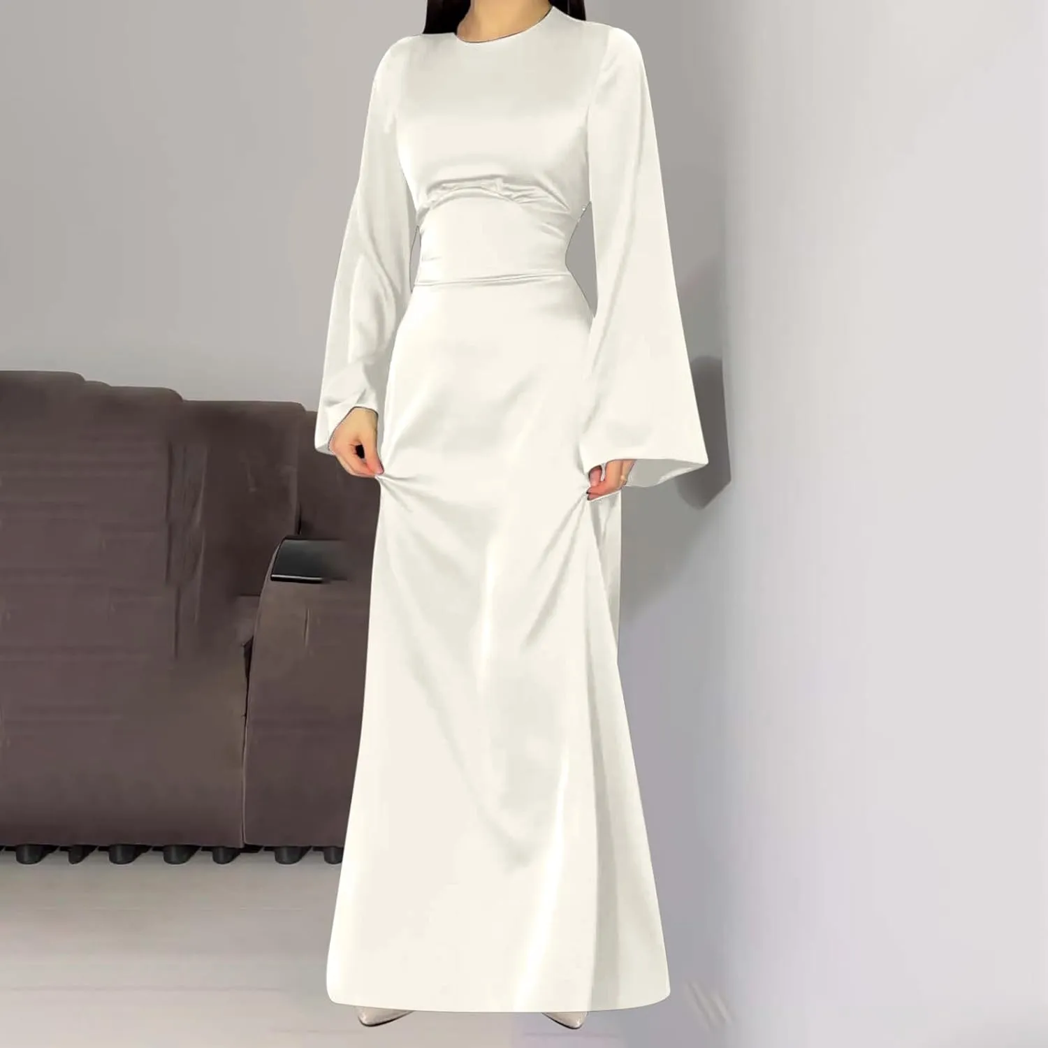 Womens Silk Satin Long Dress Long Sleeve Crewneck Lace Up Tie Back Wedding Guest Party Maxi Dresses Vintage Ball Gown