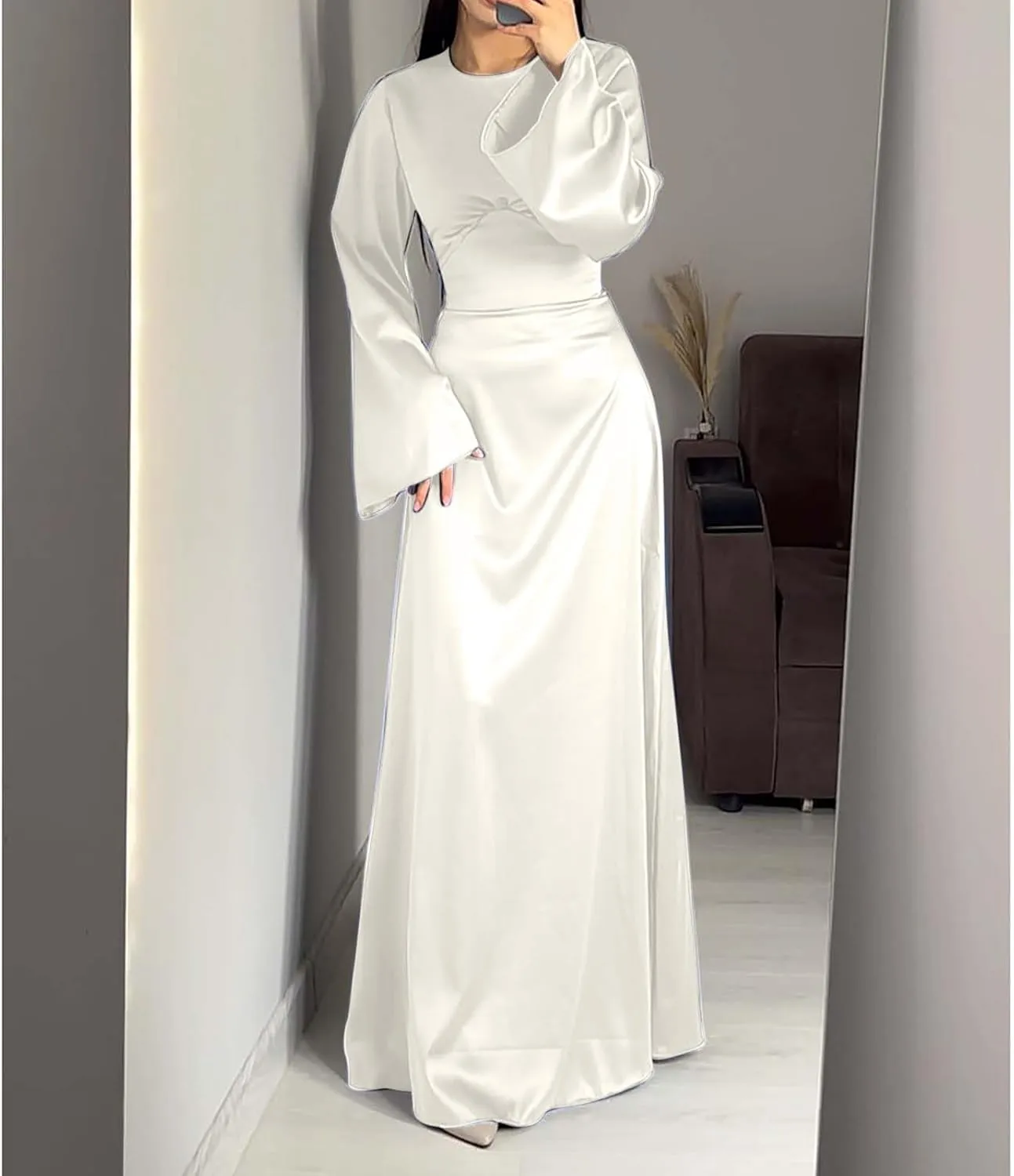 Womens Silk Satin Long Dress Long Sleeve Crewneck Lace Up Tie Back Wedding Guest Party Maxi Dresses Vintage Ball Gown