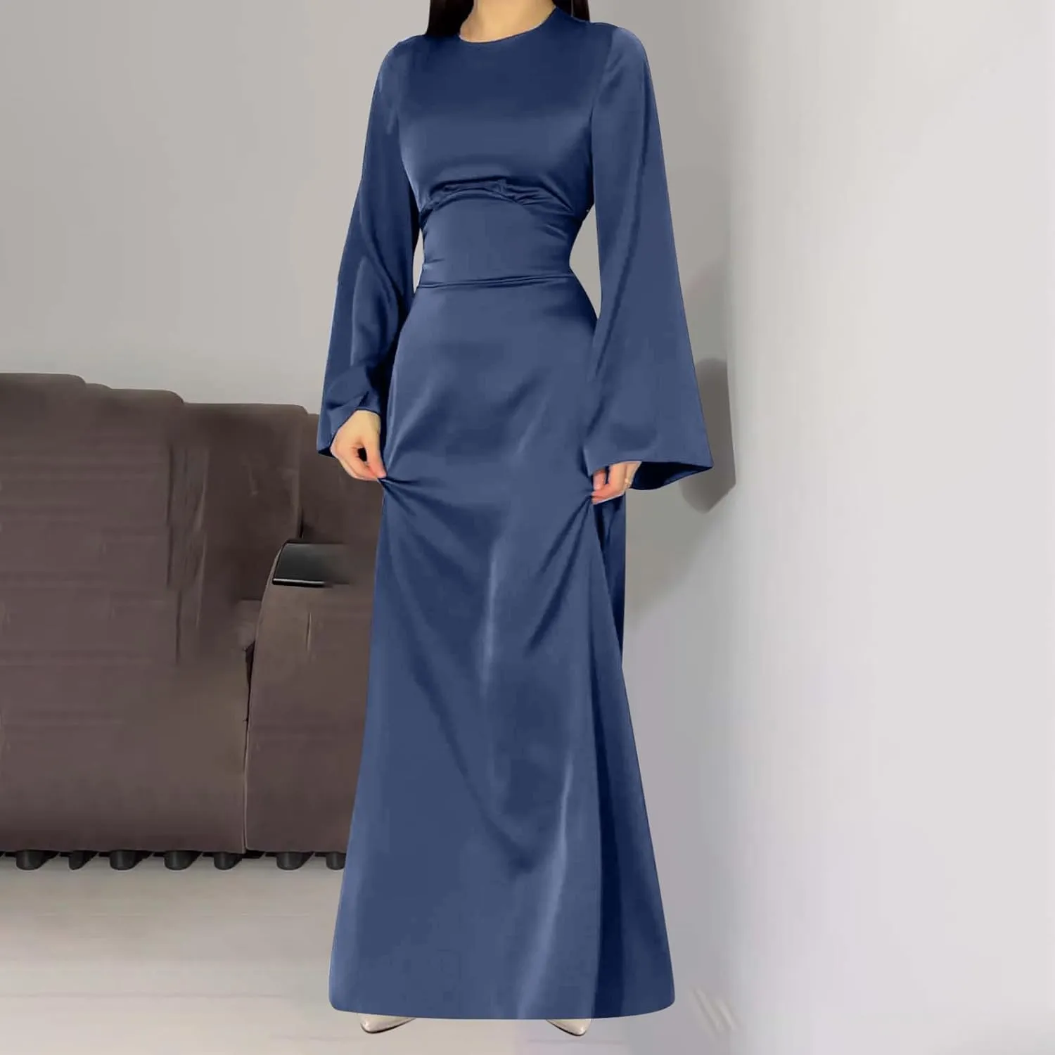 Womens Silk Satin Long Dress Long Sleeve Crewneck Lace Up Tie Back Wedding Guest Party Maxi Dresses Vintage Ball Gown