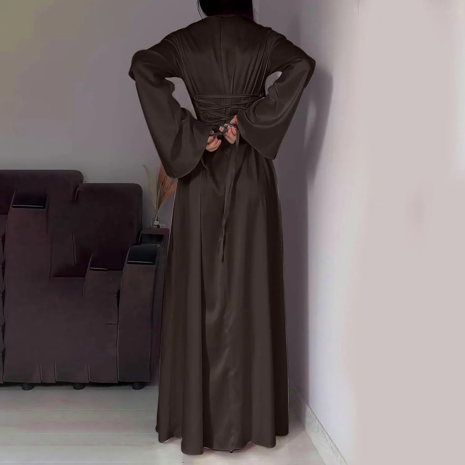 Womens Silk Satin Long Dress Long Sleeve Crewneck Lace Up Tie Back Wedding Guest Party Maxi Dresses Vintage Ball Gown