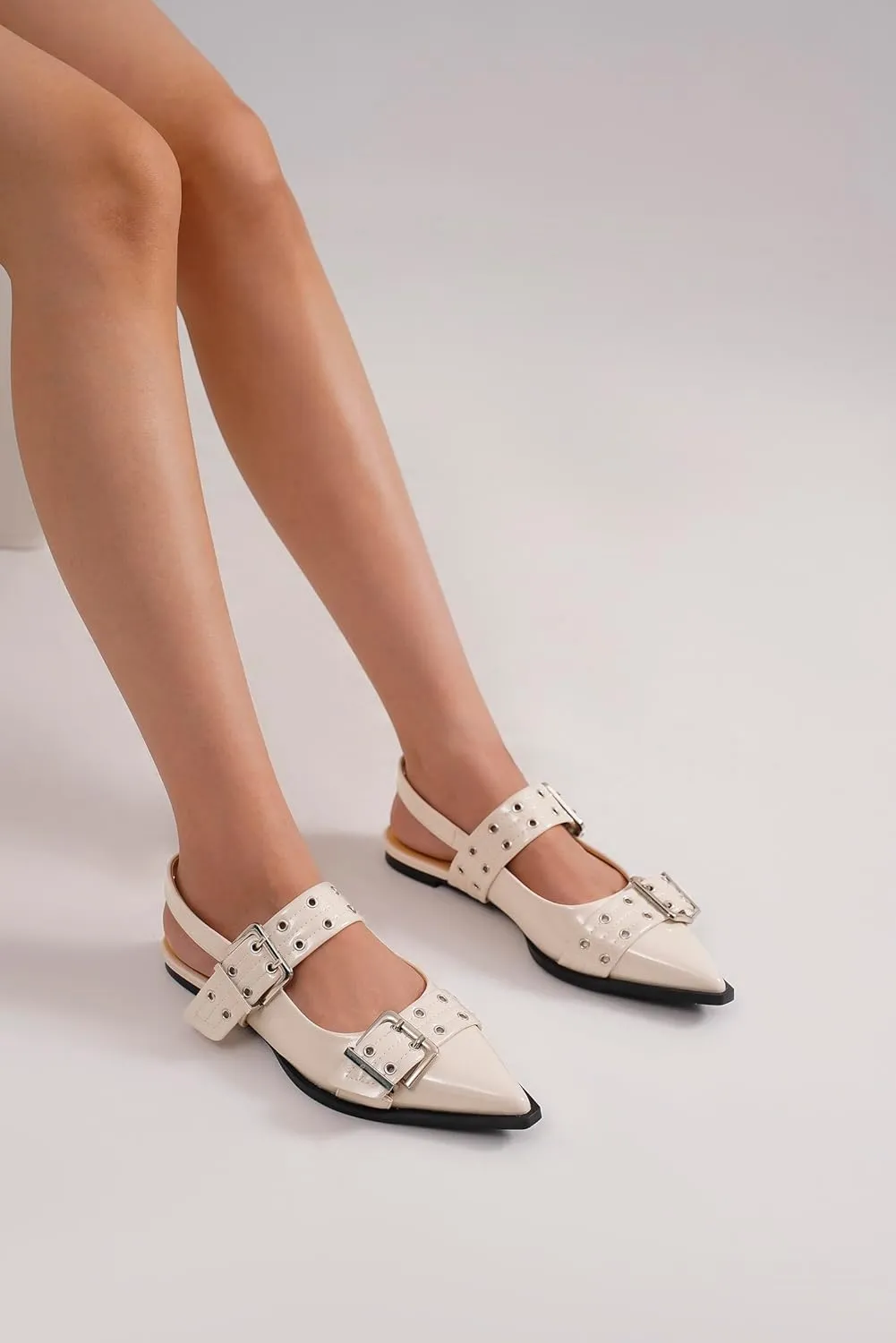 Women's Slingback Flats Studded Buckle Straps Flats Slip-On Slides Pointed Toe Flats Adjustable Strap Sandals Dressy Shoes
